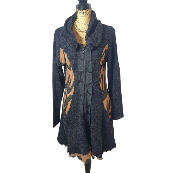 Fleur De Lis Womens Cardigan M Blk/Brwn Sweater Full Zip Ruffled Collar Wool - Picture 6 of 7